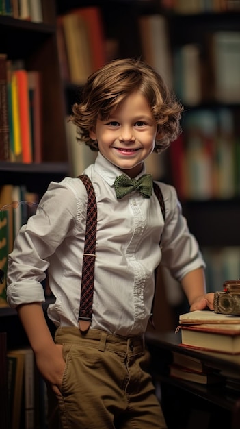 Foto un ragazzo che indossa un papillon e delle bretelle si trova di fronte a una libreria.