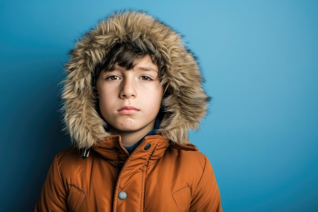 Photo a boy wearing a brown jacket with a hood that says  he is wearing a brown jacket