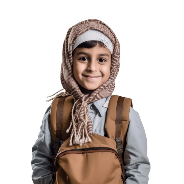 a boy wearing a brown vest with a brown bag on his head.