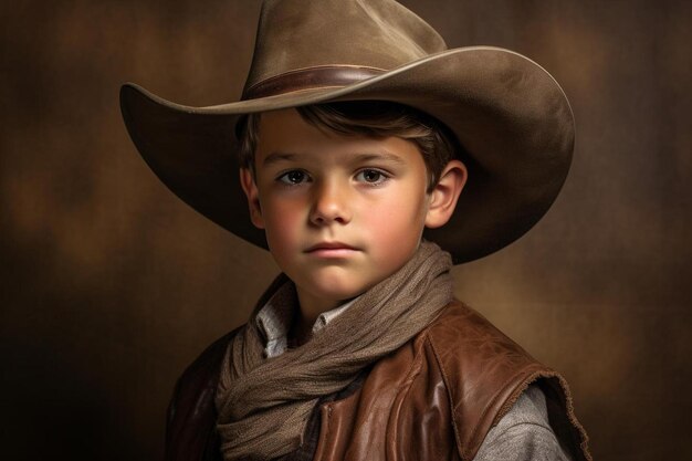 a boy wearing a cowboy hat and a brown vest with a brown band around his neck