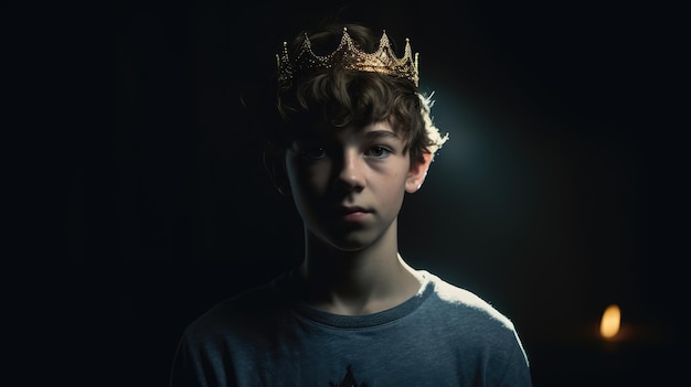 A boy wearing a crown in the dark