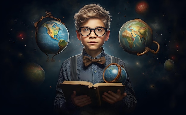 Мальчик в очках держит яблоко и книгу школьных принадлежностей.