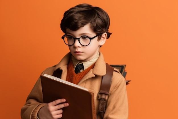 A boy wearing glasses holds a book in front of an orange background.