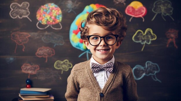 a boy wearing glasses stands in front of a blackboard with a brain on it