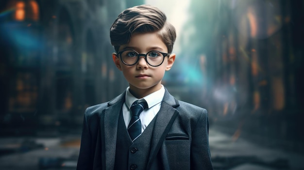 A boy wearing glasses