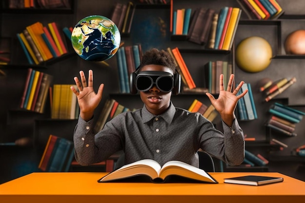 a boy wearing goggles and a book with a globe in the background