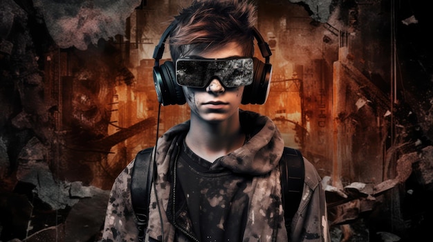 A boy wearing goggles and a poster for the game battlefield.