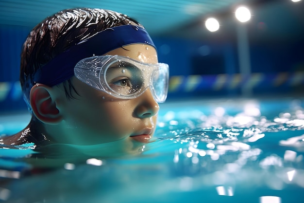 A boy wearing goggles and swimming goggles in a pool