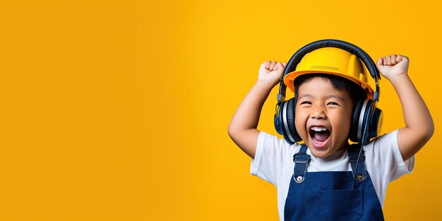 A boy wearing a hard hat shouting into a megaphone happy excited raising his fists on a yellow background