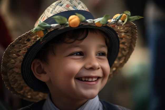 A boy wearing a hat that says'i'm a farmer '