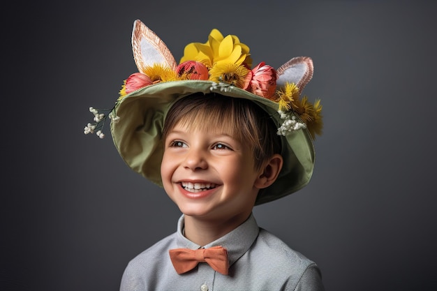 A boy wearing a hat with ears and flowers on it