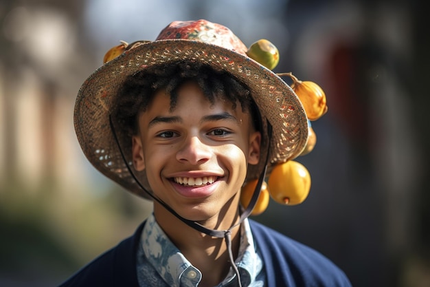 A boy wearing a hat with oranges on it