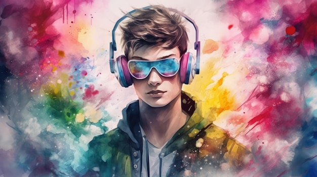 A boy wearing headphones with a rainbow background.