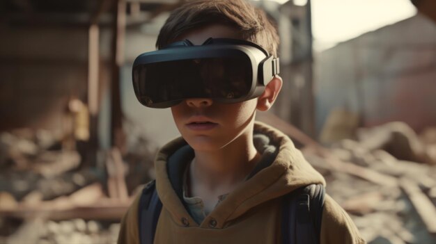 A boy wearing a helmet that says'virtual reality'on it