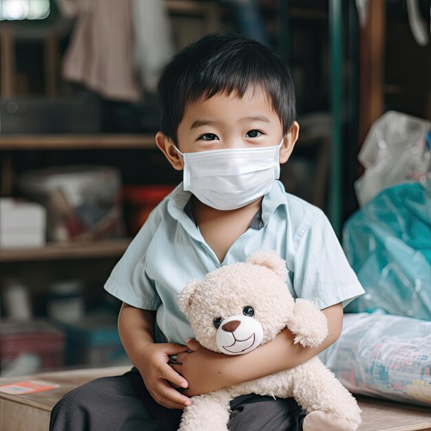 Photo a boy wearing a mask holds a teddy bear.