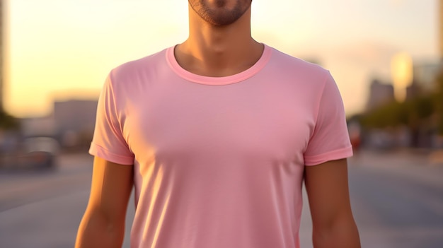 Boy wearing pink tshirt on street in daylight Shirt Mockup Template on hipster adult