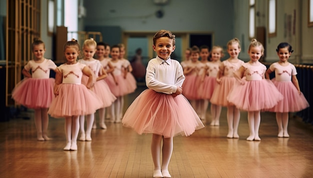 Boy wearing pink tutu skirt and having fun ballet class with girls on the background ballet class