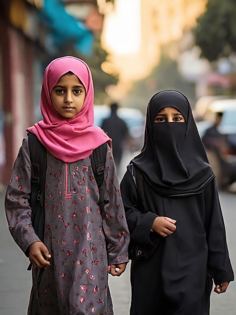 A boy wearing a Punjabi and a girl wearing a hijab burqa are walking on the street