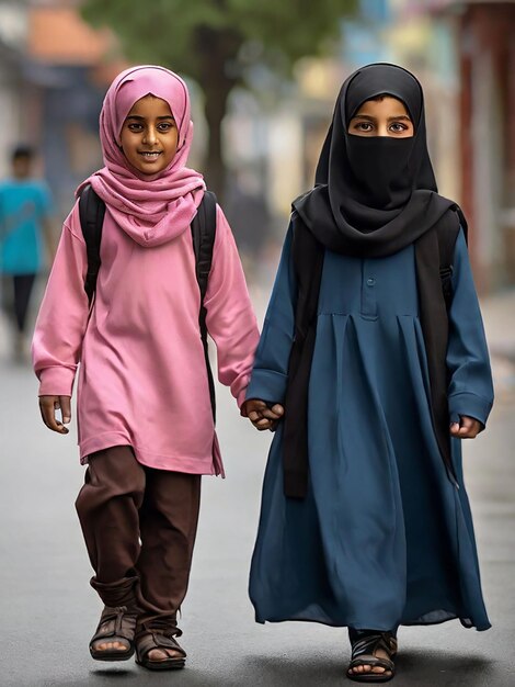 Photo a boy wearing a punjabi and a girl wearing a hijab burqa are walking on the street