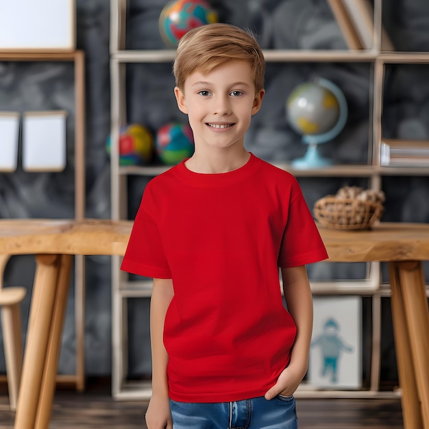 Foto un ragazzo che indossa una camicia rossa si trova di fronte a un tavolo con un tavolo di legno e una libreria dietro di lui