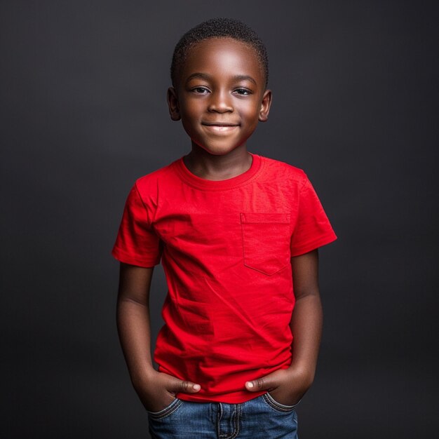 Photo a boy wearing a red shirt that says  he is smiling