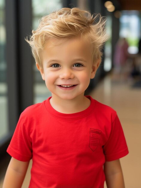 Foto un ragazzo che indossa una camicia rossa con un logo sopra