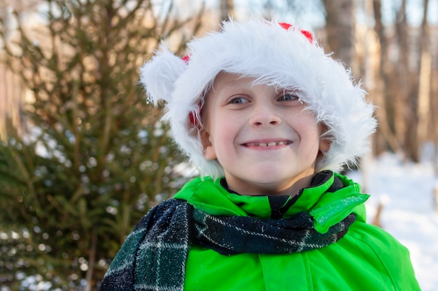 Il ragazzo che indossa il cappello di babbo natale sorride felicemente sullo sfondo di un albero di natale nella foresta.