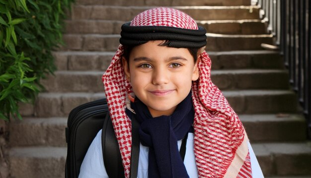 Photo a boy wearing a scarf that says  hes smiling