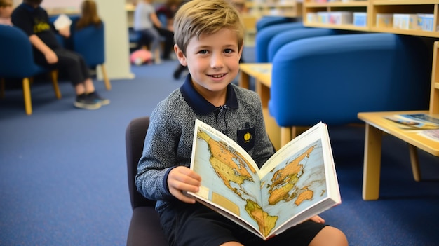 学校の制服を着た少年が図書館で本を読んでいる