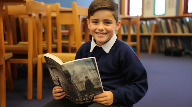 Boy Wearing School Uniform Reading Book In Library