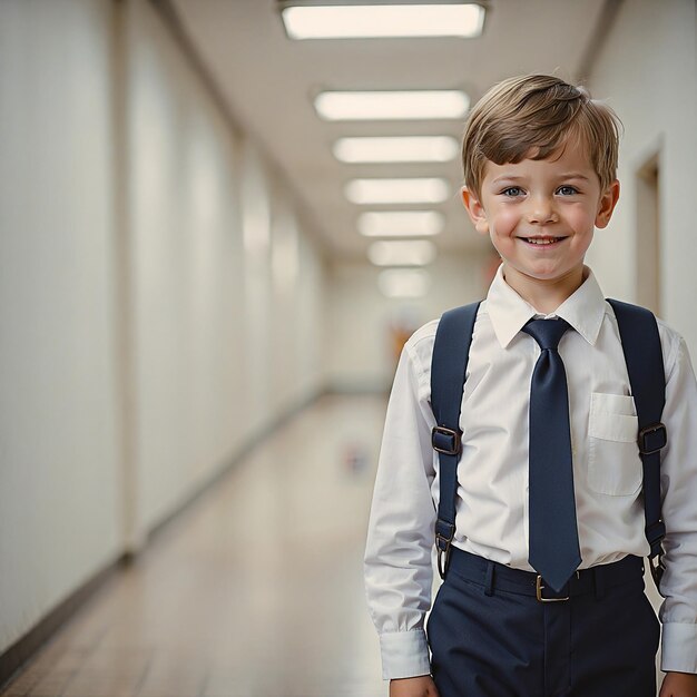 a boy wearing a shirt with a tie and a shirt that says quot the boy is smiling quot