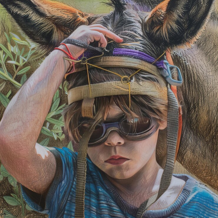 Photo a boy wearing a striped shirt is holding a pair of scissors