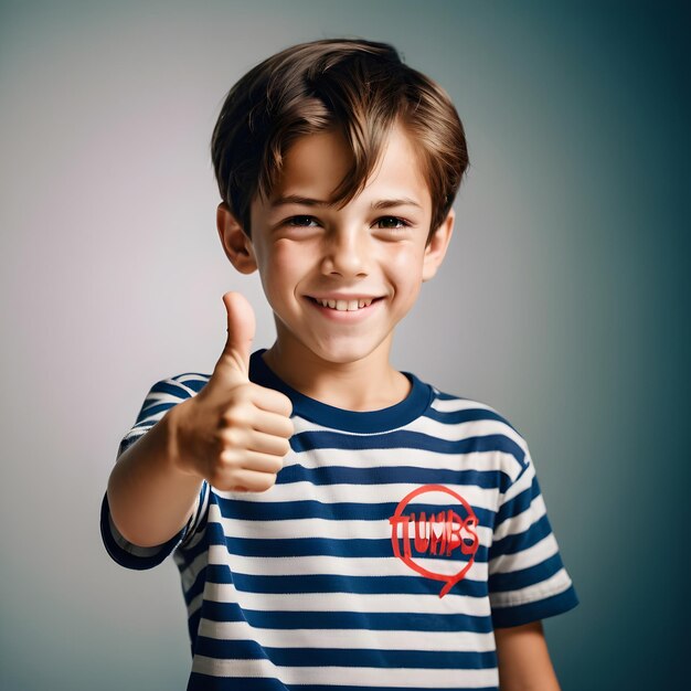 A boy wearing a striped shirt that says quot thumbs up quot