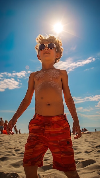 Foto un ragazzo che indossa occhiali da sole e una maglietta con la parola 