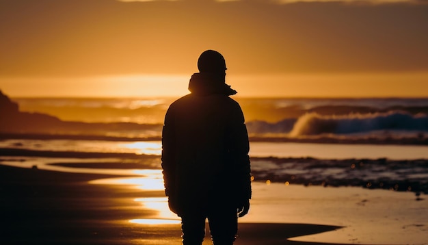 boy wearing sweatshirt and admiring the sunset. Generative AI