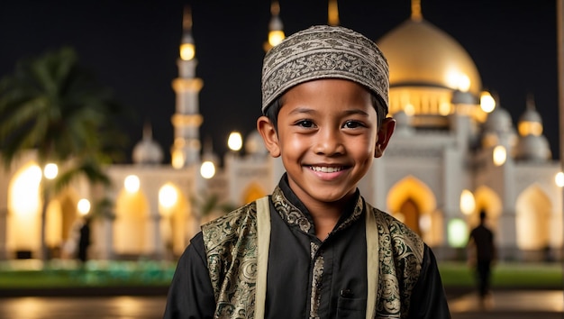 boy wearing Taqiyah with a blurry mosque in the background