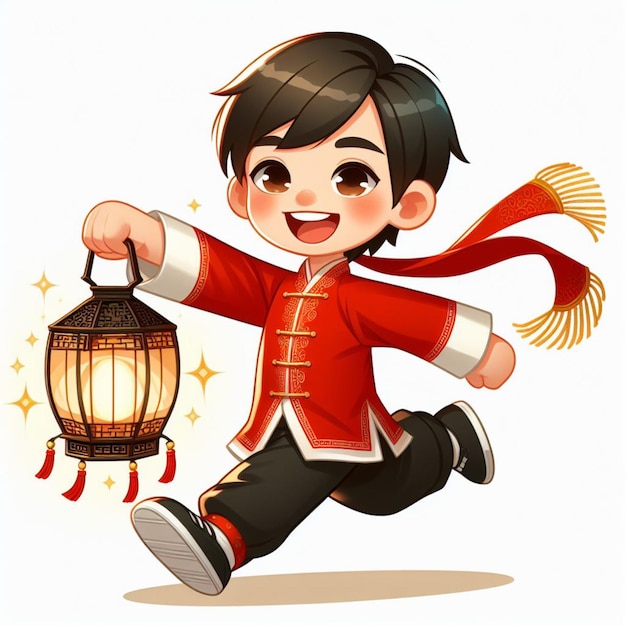 Мальчик в традиционной китайской одежде бежит.