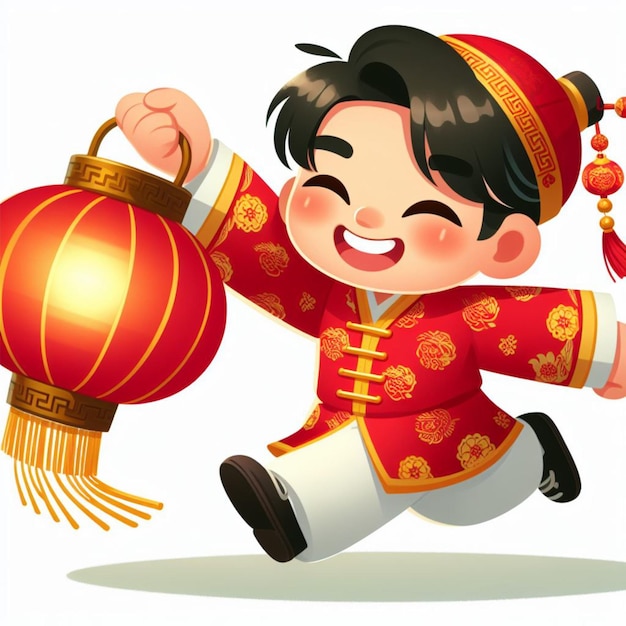 Boy wearing traditional Chinese clothes is running