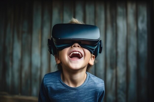 Photo a boy wearing a virtual reality glasses that says  the name of the game