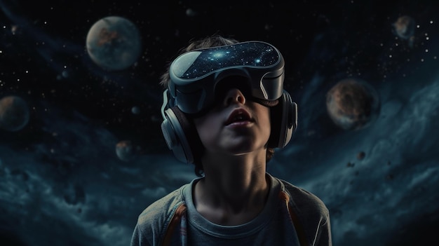 Boy wearing virtual reality goggles Future technology concept Generative AI