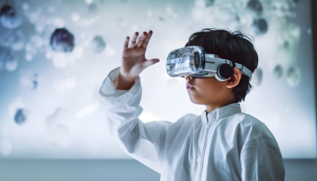 Boy wearing virtual reality goggles