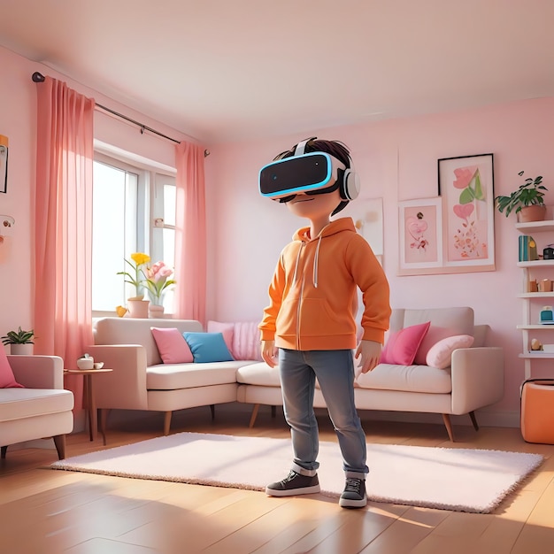 a boy wearing a virtual reality headset is in a living room