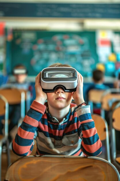 Photo boy wearing virtual reality headset is sitting in classroom boy is wearing striped shirt and is looking at camera