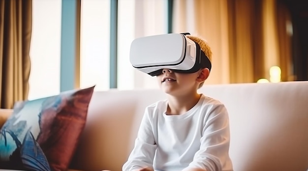 A boy wearing a virtual reality headset is sitting on a couch.