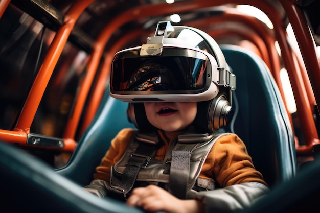 Мальчик в гарнитуре виртуальной реальности сидит на автокресле. Инновационные технологии VR. Генеративный искусственный интеллект.