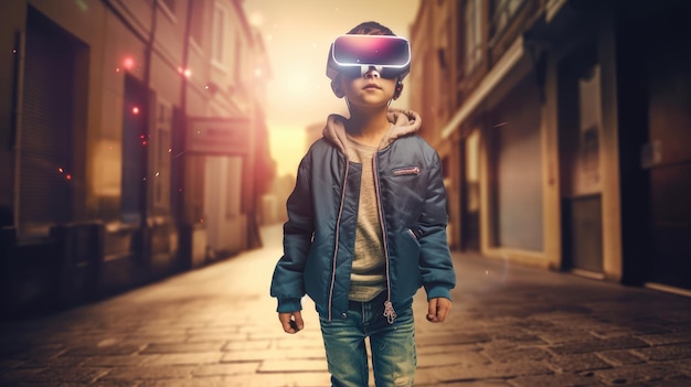 A boy wearing a virtual reality headset stands in an alley.