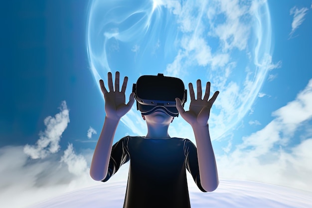 a boy wearing a virtual reality headset in the style of blue and black