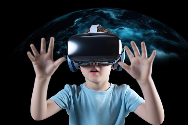 a boy wearing a virtual reality headset in the style of blue and black