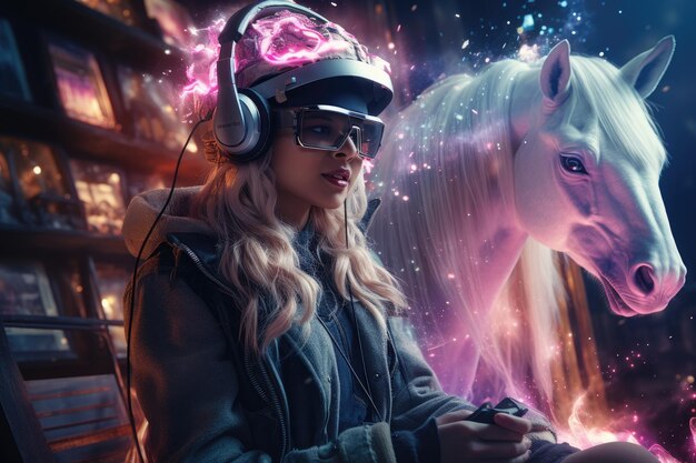 Photo boy wearing virtual reality headset and surreal unicorn vr goggles generative ai