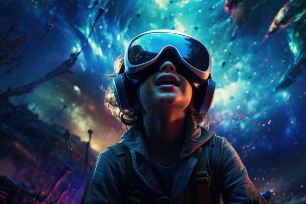 Boy wearing virtual reality headset VR goggles innovation technology Generative AI